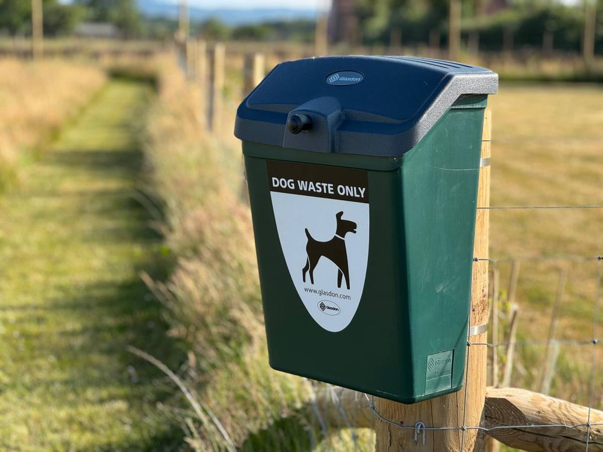 Green dog waste bin mounted on a fence with a grassy path in the background